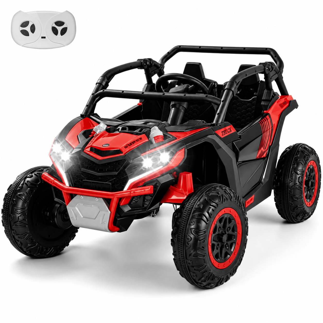 24V Kids Ride On Car UTV, 4WD Remote Control Ride on Toys Electric Car for Ages 3-8, LED Lights, Spring Suspension, 3 Speeds, Music