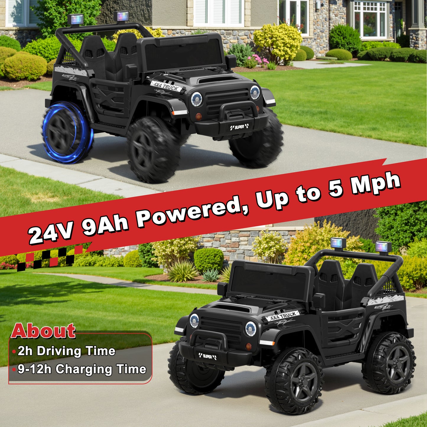 24V 9Ah Kids Ride on Truck Car w/ Remote Control, 2 Seater Ride on Car w/ Bluetooth, Music, Openable Storage Space, Colorful LED Lights, Powered Car Electric Car for Kids