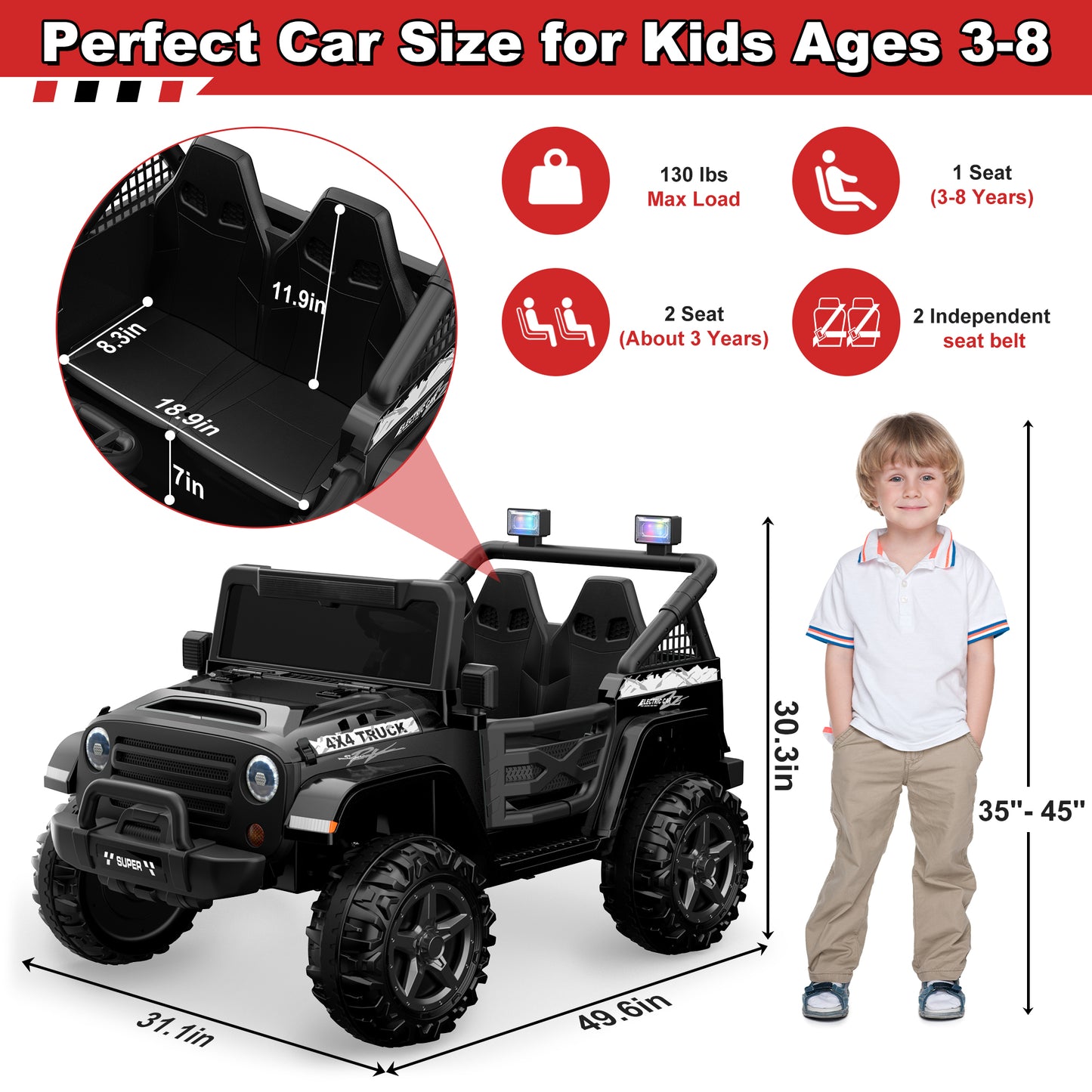 24V 9Ah Kids Ride on Truck Car w/ Remote Control, 2 Seater Ride on Car w/ Bluetooth, Music, Openable Storage Space, Colorful LED Lights, Powered Car Electric Car for Kids