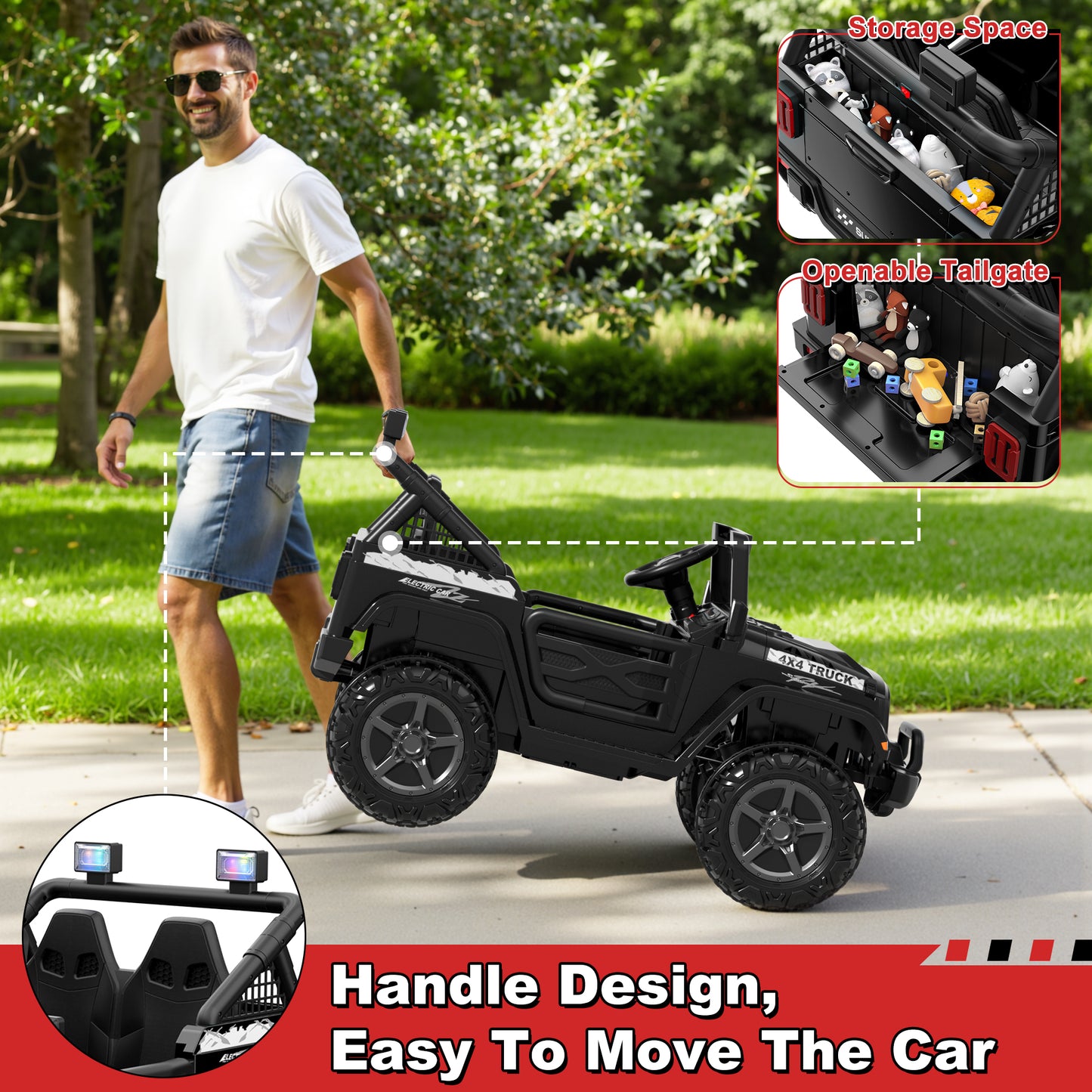 24V 9Ah Kids Ride on Truck Car w/ Remote Control, 2 Seater Ride on Car w/ Bluetooth, Music, Openable Storage Space, Colorful LED Lights, Powered Car Electric Car for Kids