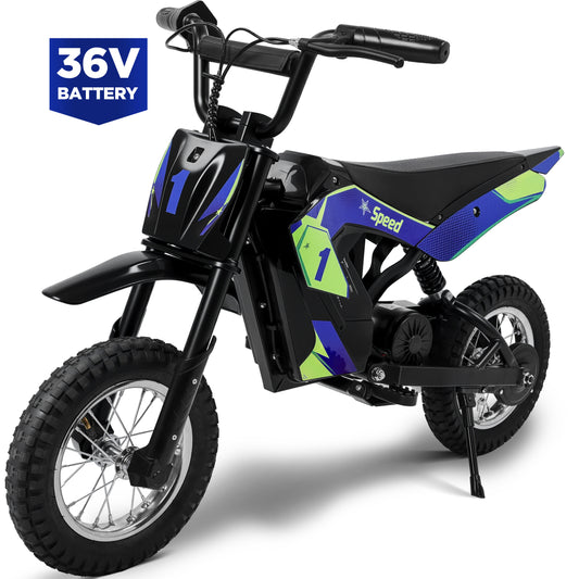 Hijoke 36V Kids Electric Dirt Bike, 15.5 MPH High-Speed Electric Motorcycle Ride on Toy for Kids Above 6, 133 LBS Max Load, 10-Mile Range, Waterproof Seat, Twist Grip Throttle, Blue & Green