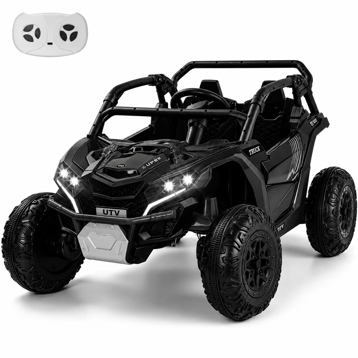 24V Kids Ride On Car UTV, 4WD Remote Control Ride on Toys Electric Car for Ages 3-8, LED Lights, Spring Suspension, 3 Speeds, Music